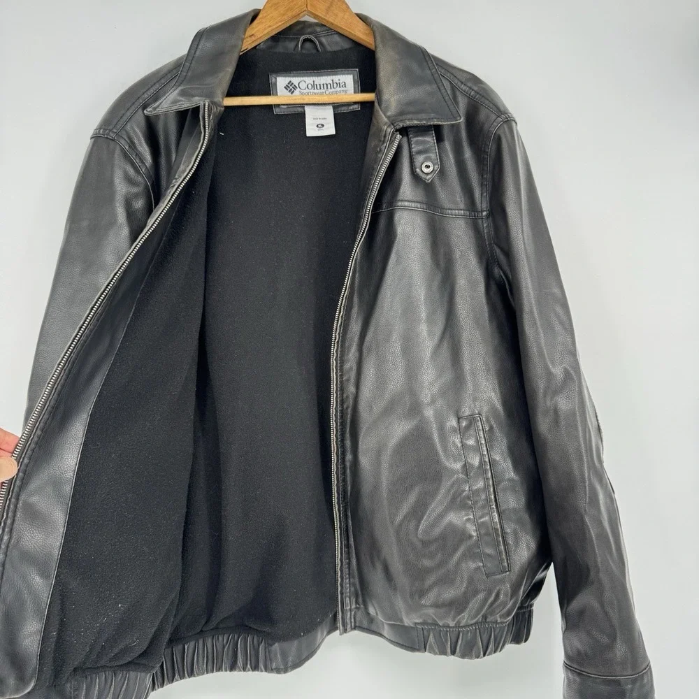 Columbia‎ Faux Leather Full Zip Heavy Bomber Jacket Men's XL Black Fleece Lined